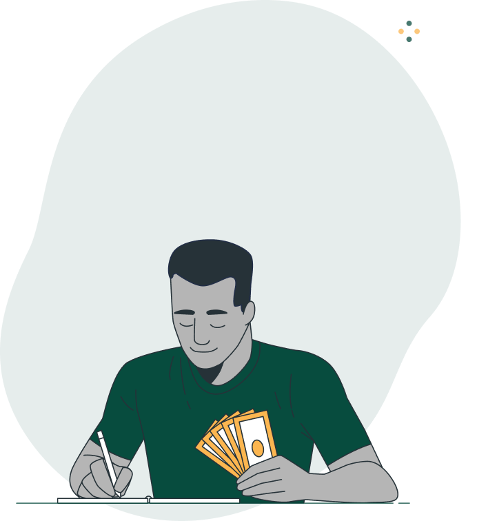 A person planning their finances with InvestEd, surrounded by icons for property, loans, and savings.