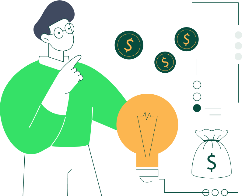 A person planning their finances with InvestEd, surrounded by icons for property, loans, and savings.